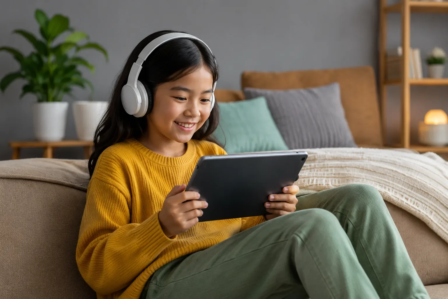 A child enjoying an illustrated story on a tablet with headphones.