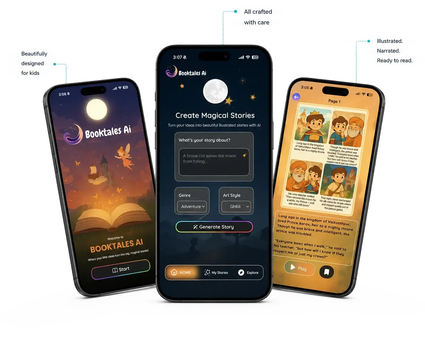 BookTales AI app screens — a splash screen, the Create Magical Stories prompt, and an illustrated story — beautifully designed for kids, all crafted with care, illustrated, narrated, and ready to read.
