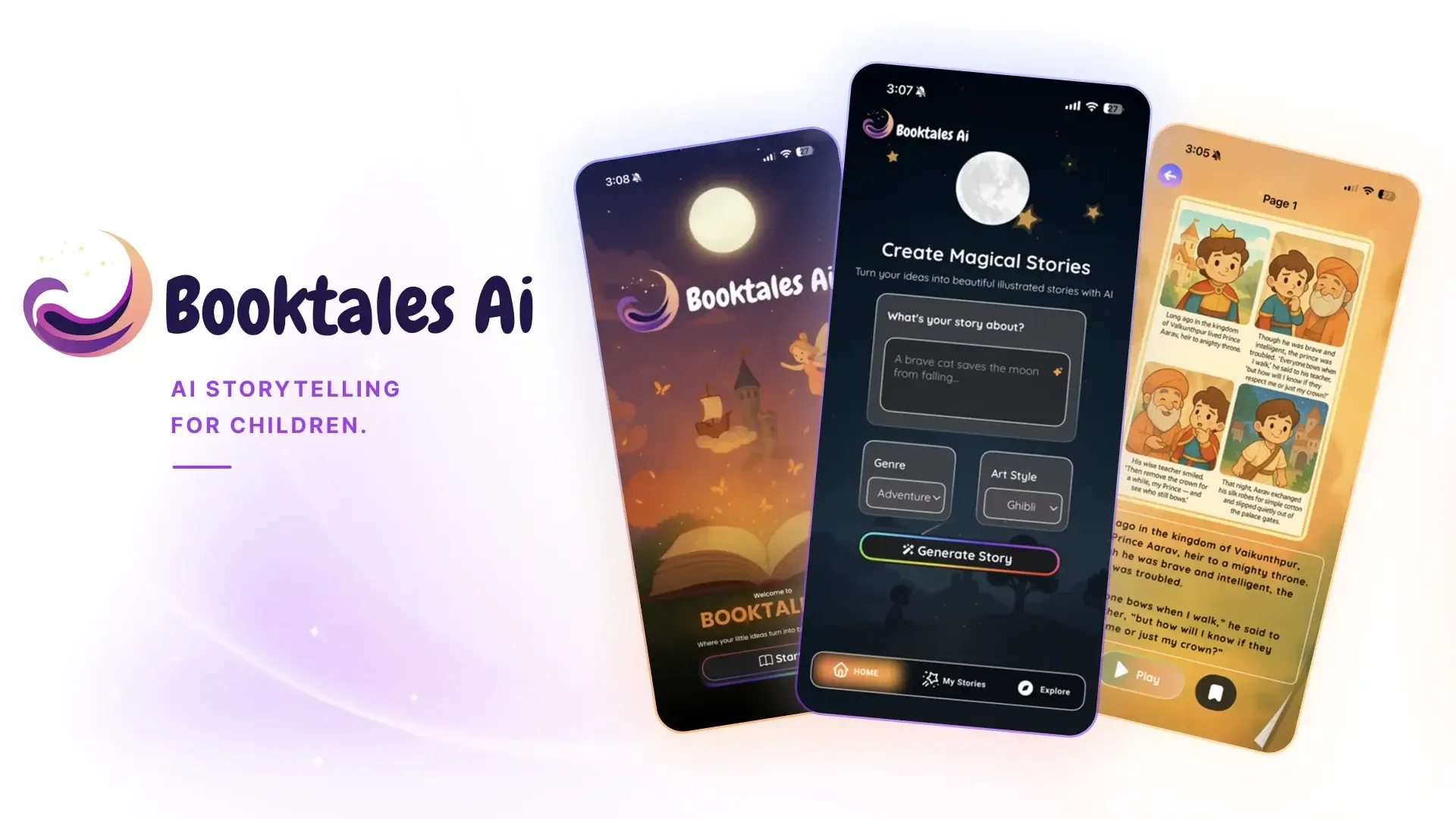 BookTales AI app screens showing magical story creation and illustrated story pages.