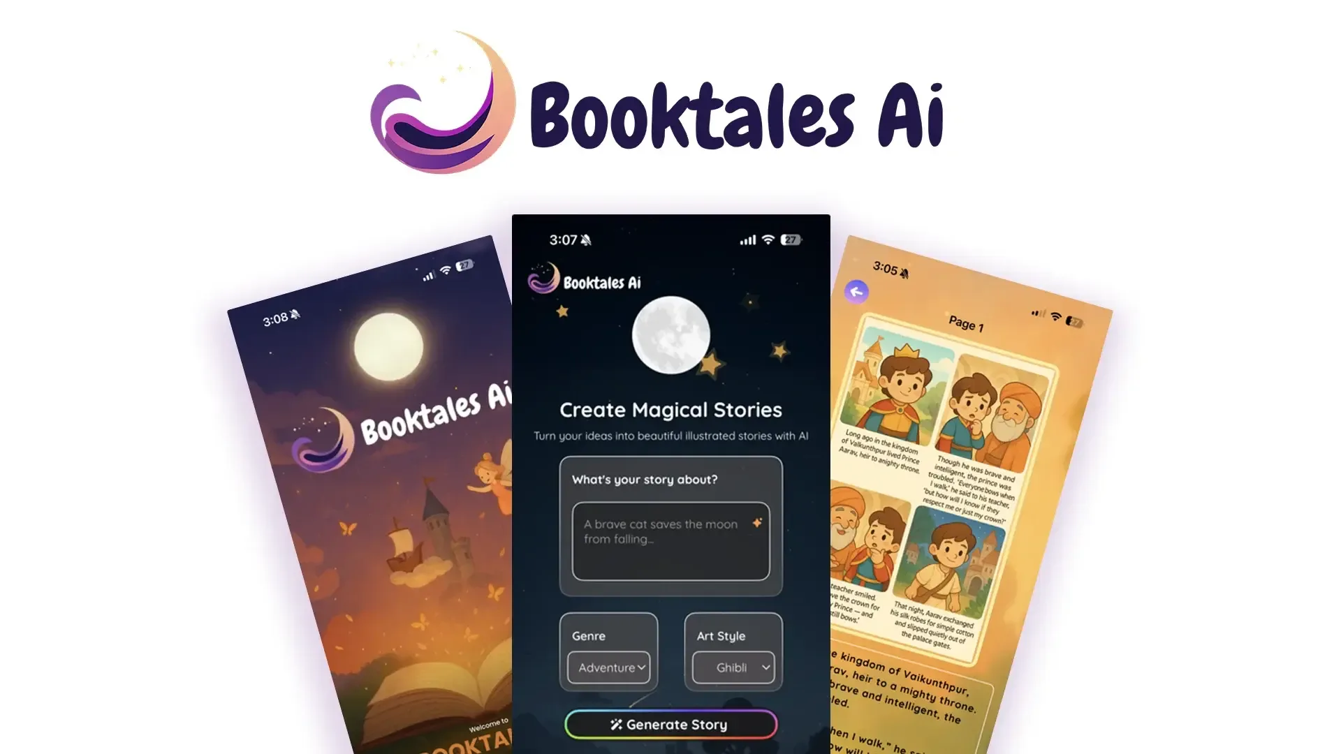 BookTales AI app screens showing magical story creation and illustrated story pages.