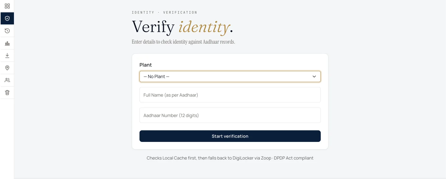 Certopact identity verification screen: select a plant, enter the full name as per Aadhaar and the Aadhaar number, then start verification.