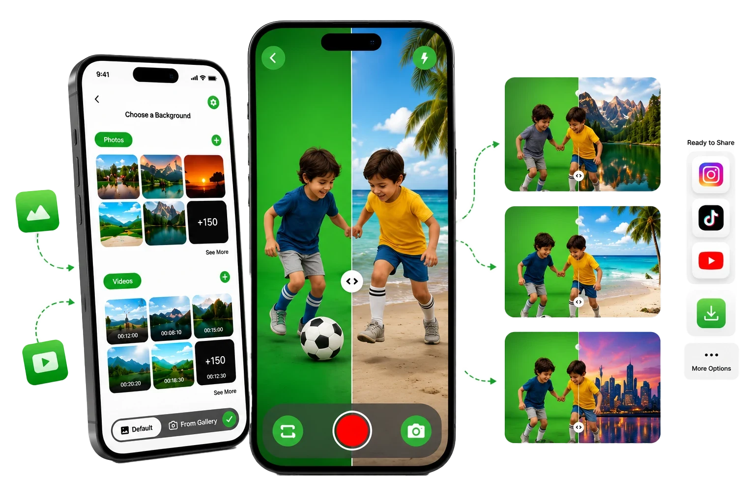 Green Screen App on phones: a background library, live green-screen recording of a soccer scene, and finished shared clips.