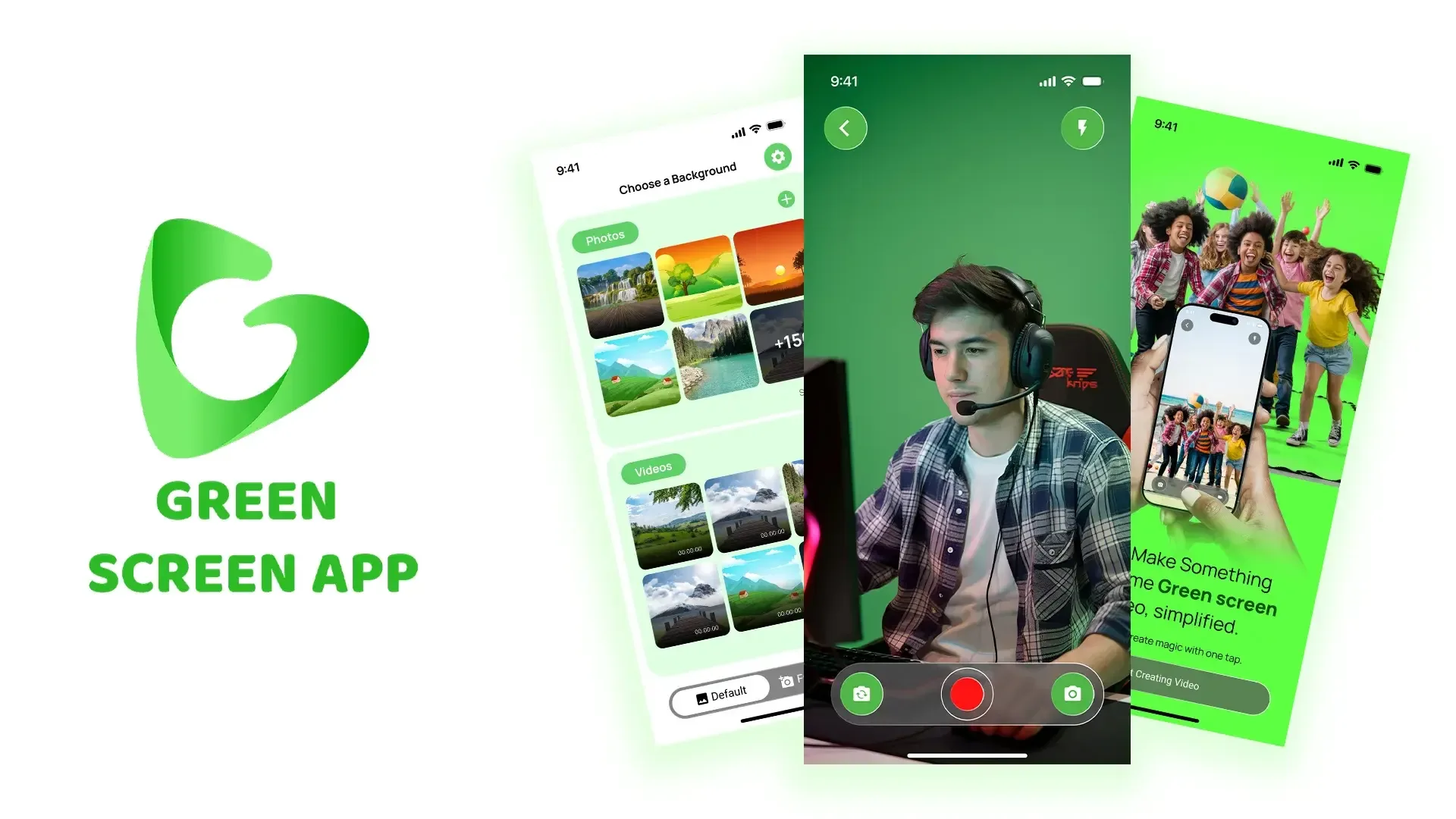 Green Screen App screens showing background selection, green screen recording, and creator editing tools.