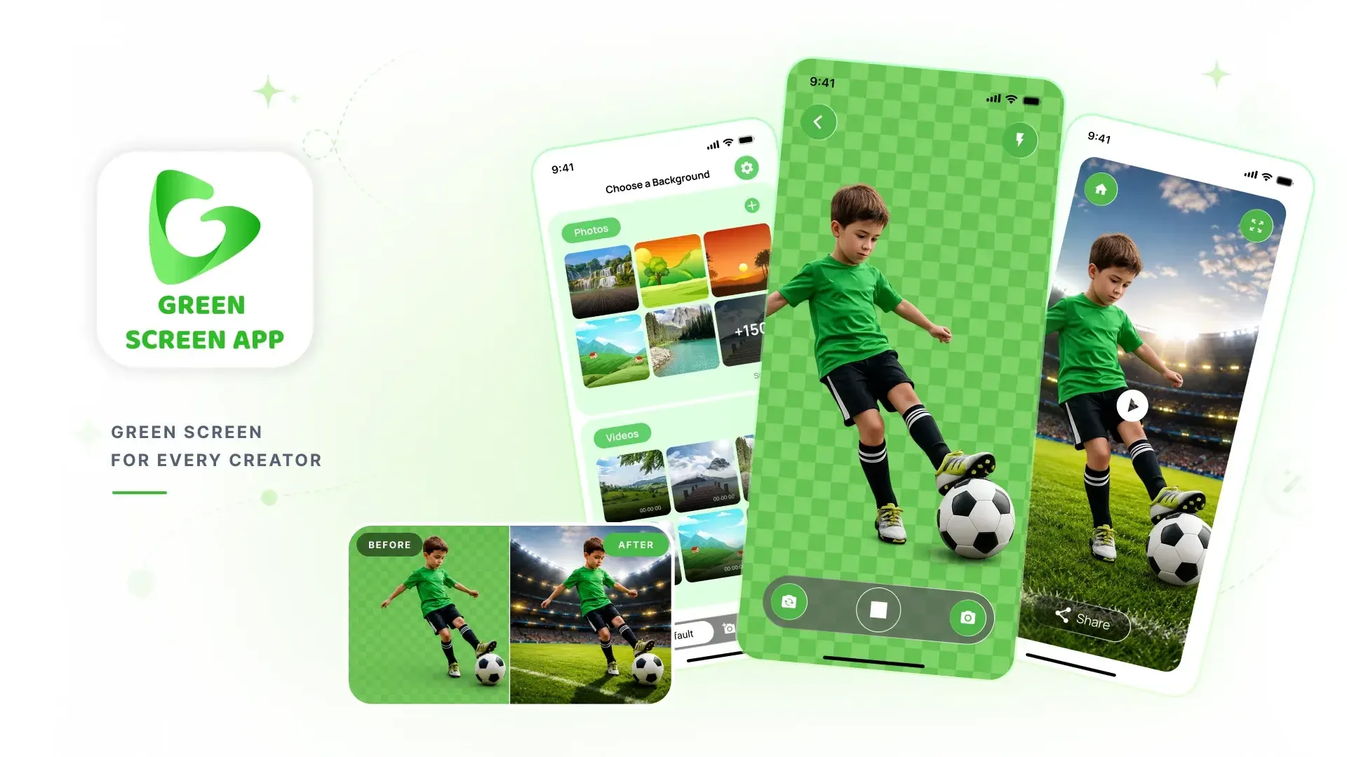 Green Screen App screens showing background selection, green screen recording, and creator editing tools.