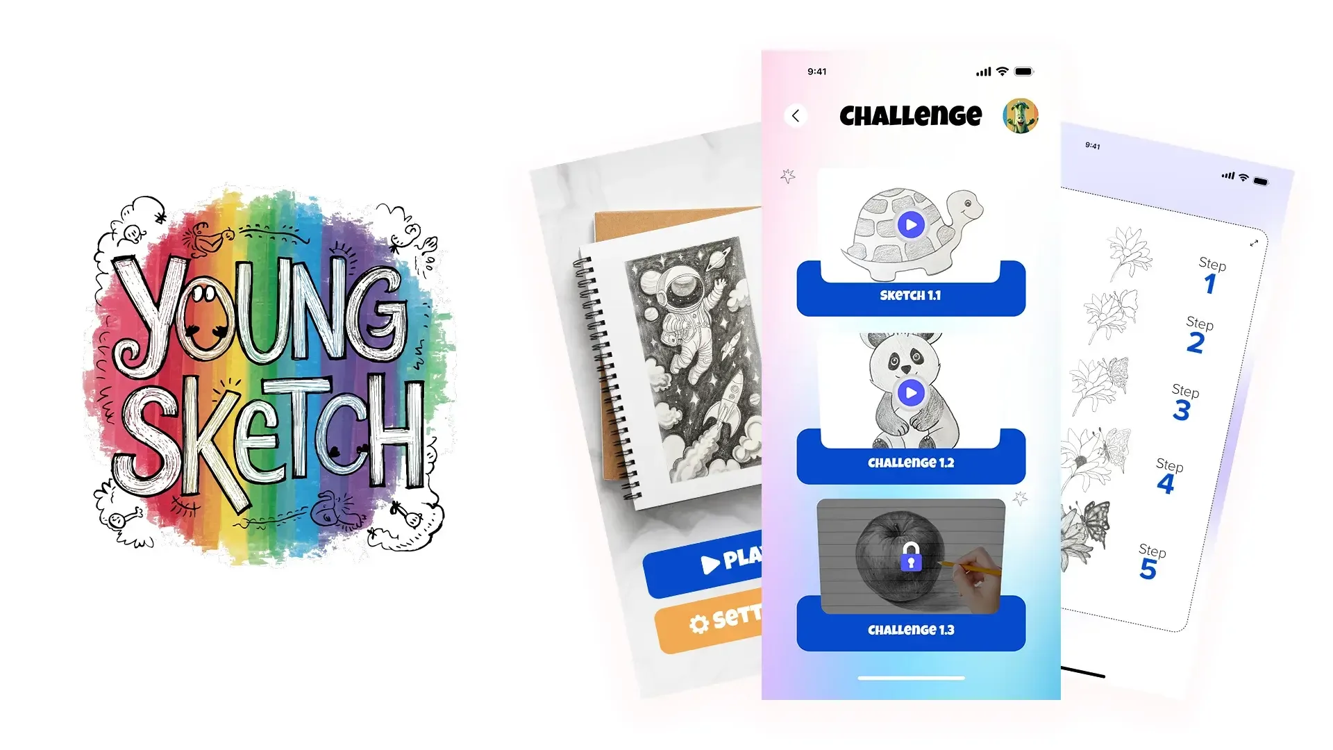 Young Sketch app screens showing drawing challenges, sketch lessons, and step-by-step art practice.