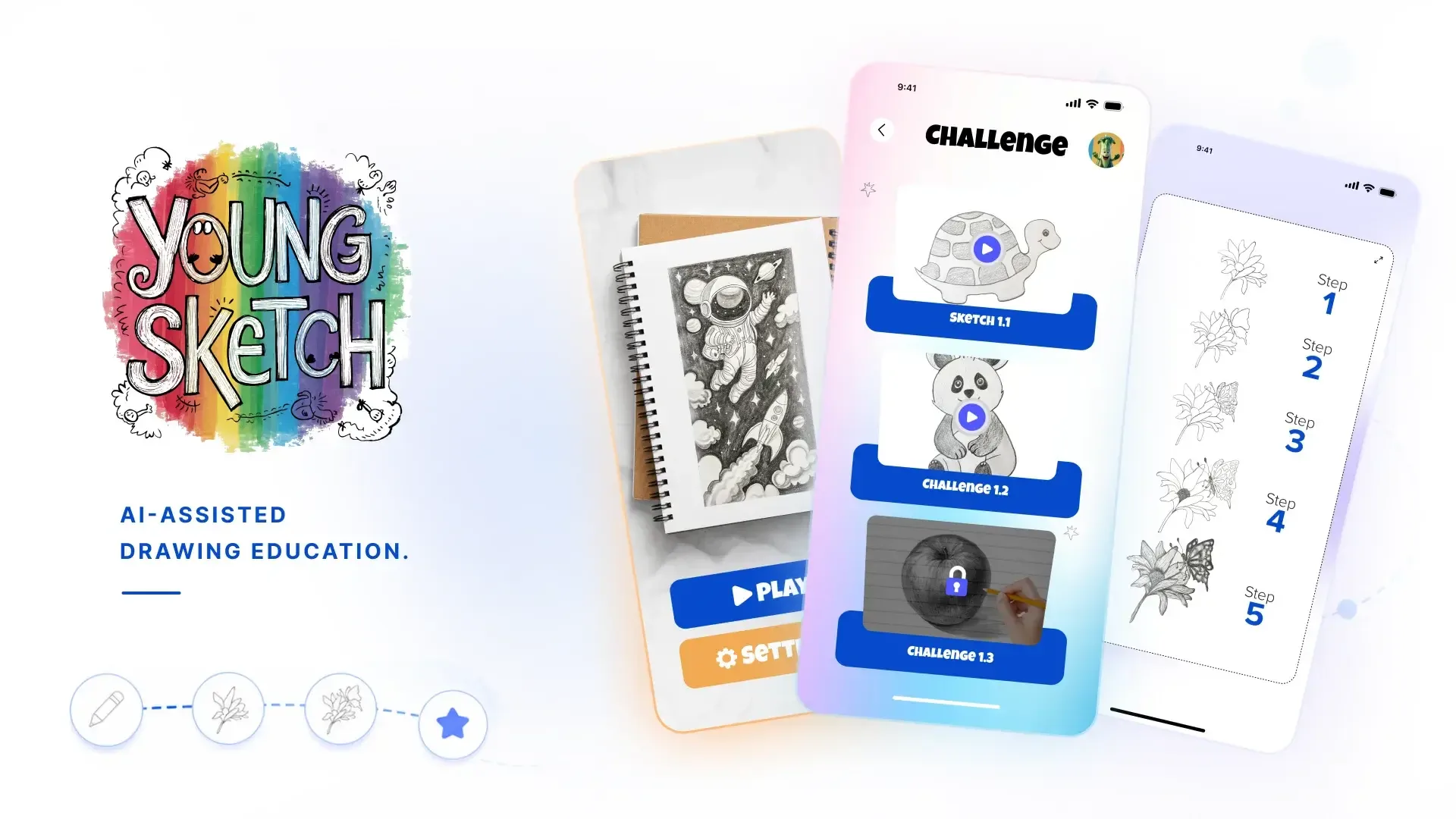 Young Sketch app screens showing drawing challenges, sketch lessons, and step-by-step art practice.